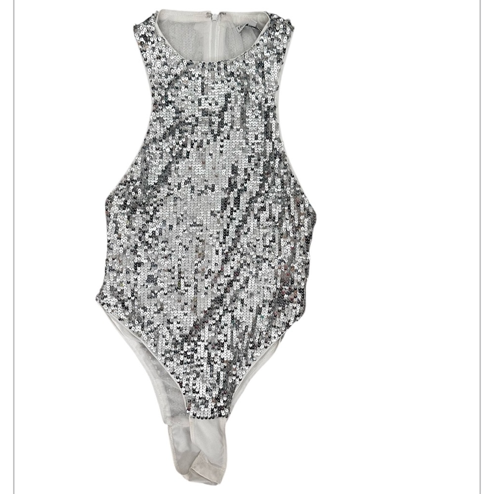 Fashion Nova Silver Sequin Bodysuit
